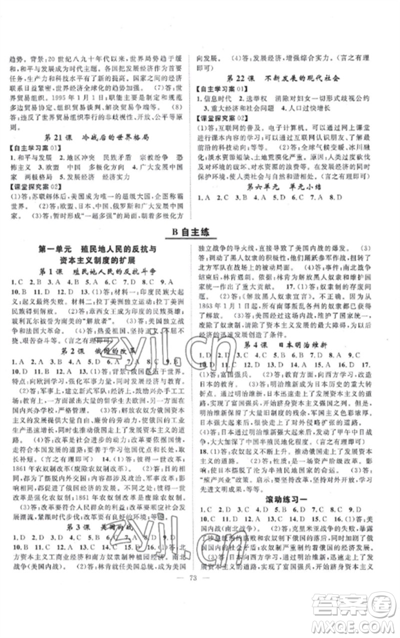 長江少年兒童出版社2023優(yōu)質(zhì)課堂導(dǎo)學(xué)案B課后作業(yè)九年級歷史下冊人教版參考答案