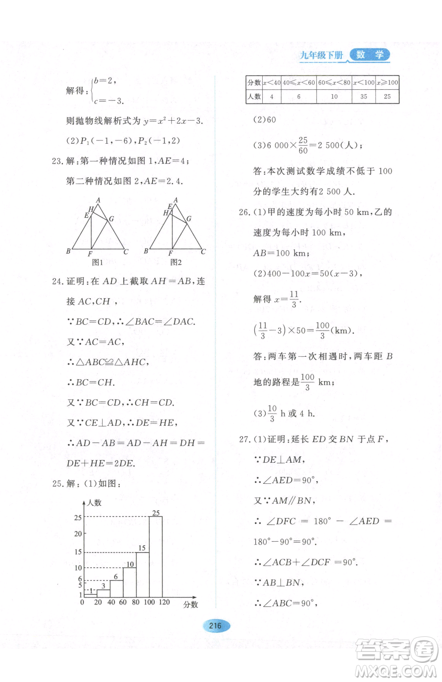 黑龍江教育出版社2023資源與評價九年級下冊數(shù)學人教版參考答案