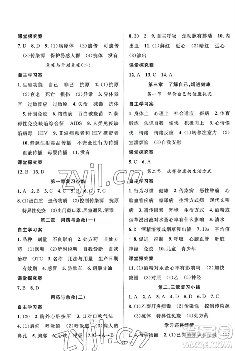 長江少年兒童出版社2023優(yōu)質課堂導學案B自主作業(yè)八年級生物下冊人教版參考答案