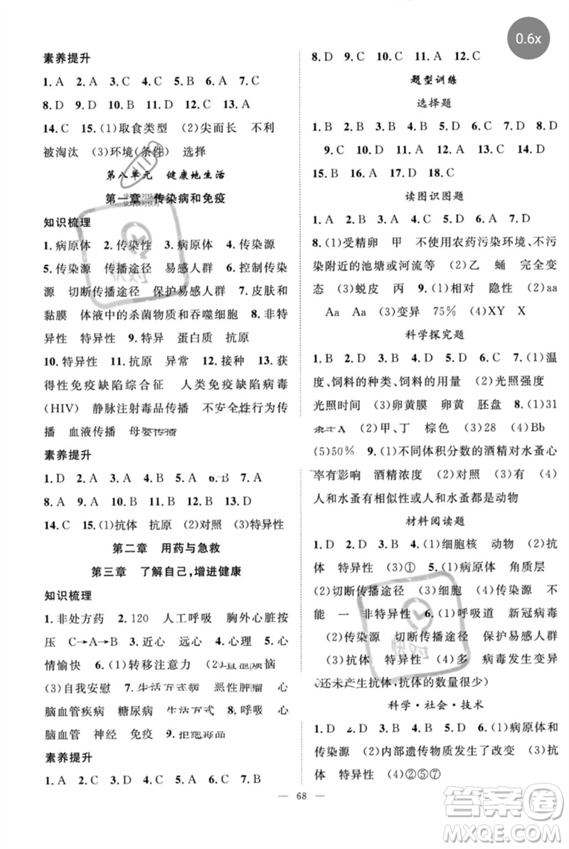 長江少年兒童出版社2023優(yōu)質課堂導學案B自主作業(yè)八年級生物下冊人教版參考答案