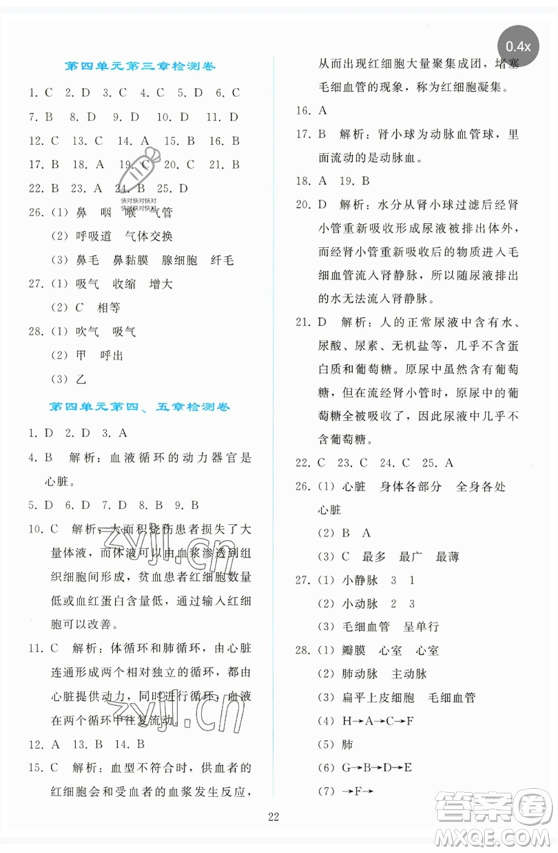 人民教育出版社2023同步輕松練習(xí)七年級生物下冊人教版參考答案