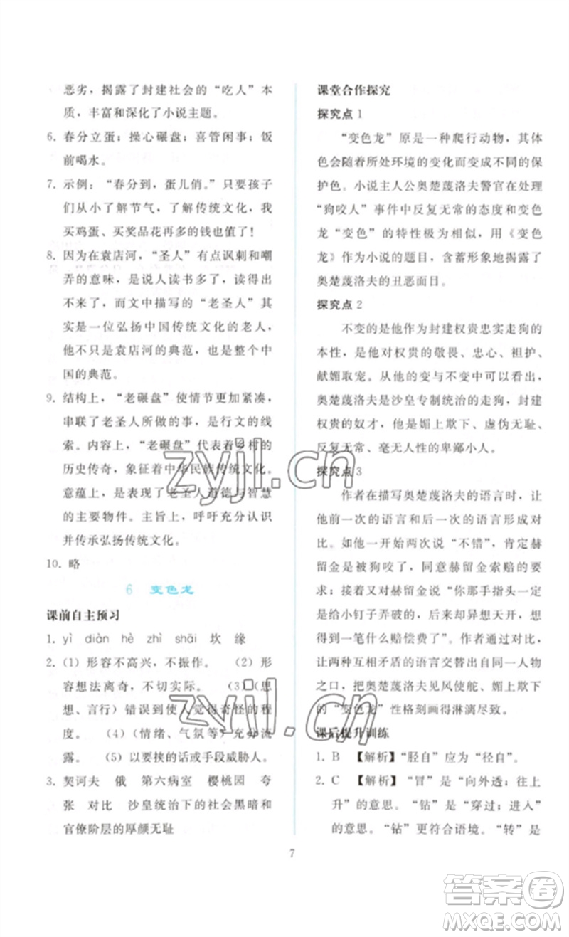 人民教育出版社2023同步輕松練習(xí)九年級(jí)語文下冊人教版參考答案