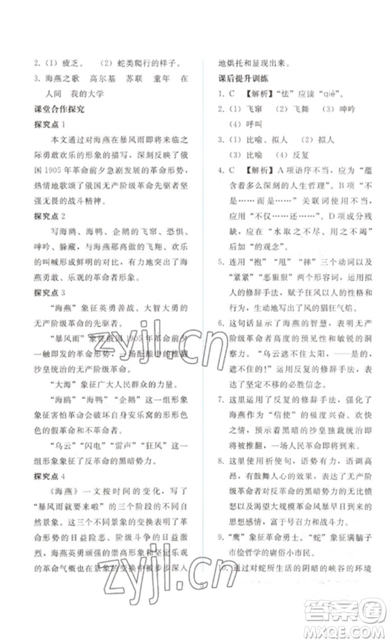 人民教育出版社2023同步輕松練習(xí)九年級(jí)語文下冊人教版參考答案