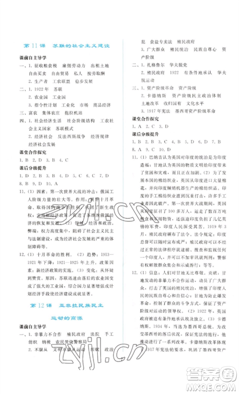 人民教育出版社2023同步輕松練習(xí)九年級世界歷史下冊人教版參考答案