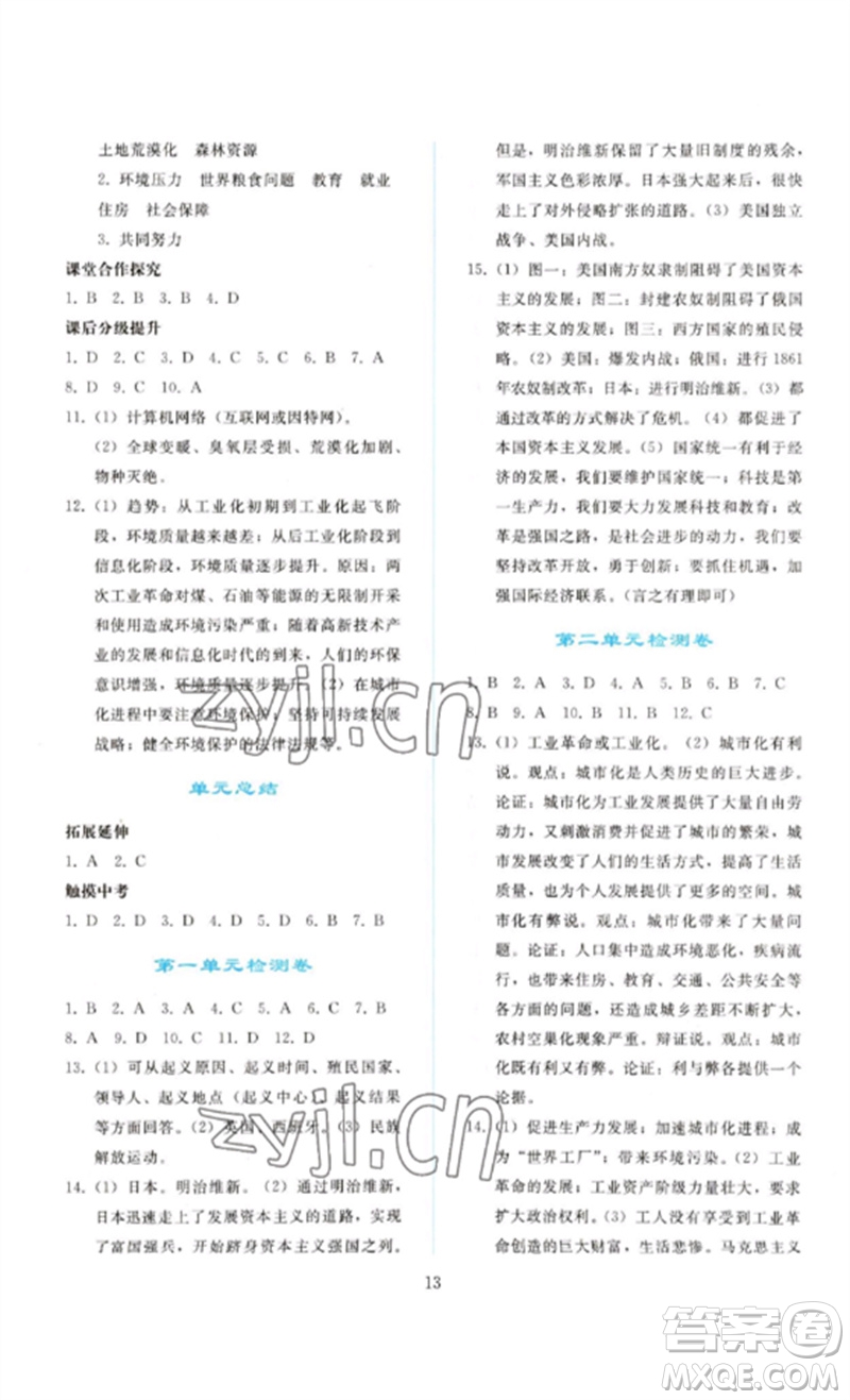 人民教育出版社2023同步輕松練習(xí)九年級世界歷史下冊人教版參考答案