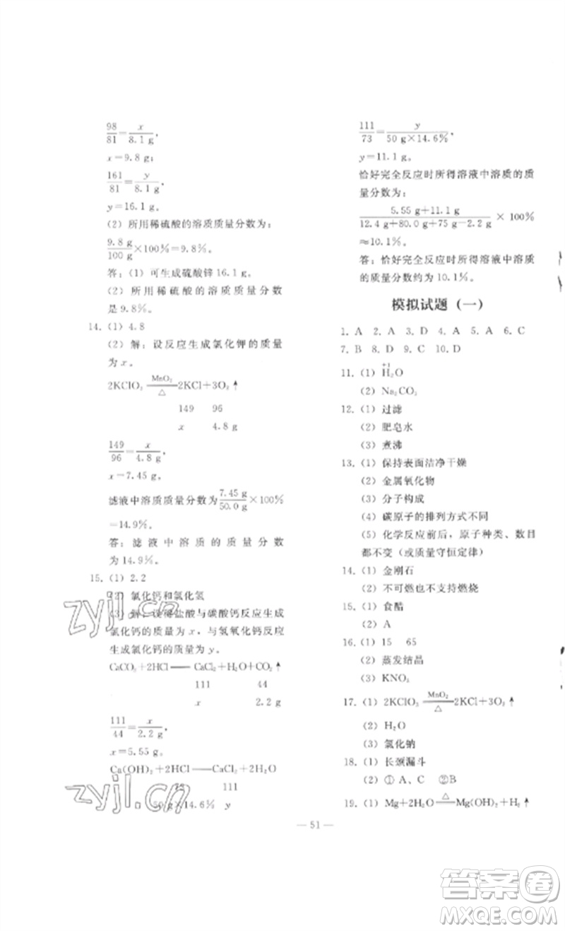 人民教育出版社2023同步輕松練習九年級化學總復(fù)習人教版參考答案