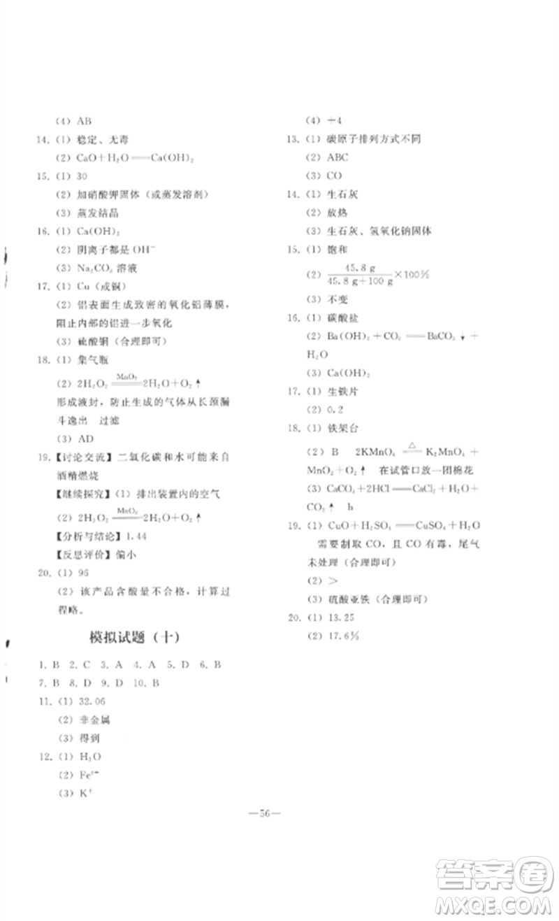 人民教育出版社2023同步輕松練習九年級化學總復(fù)習人教版參考答案