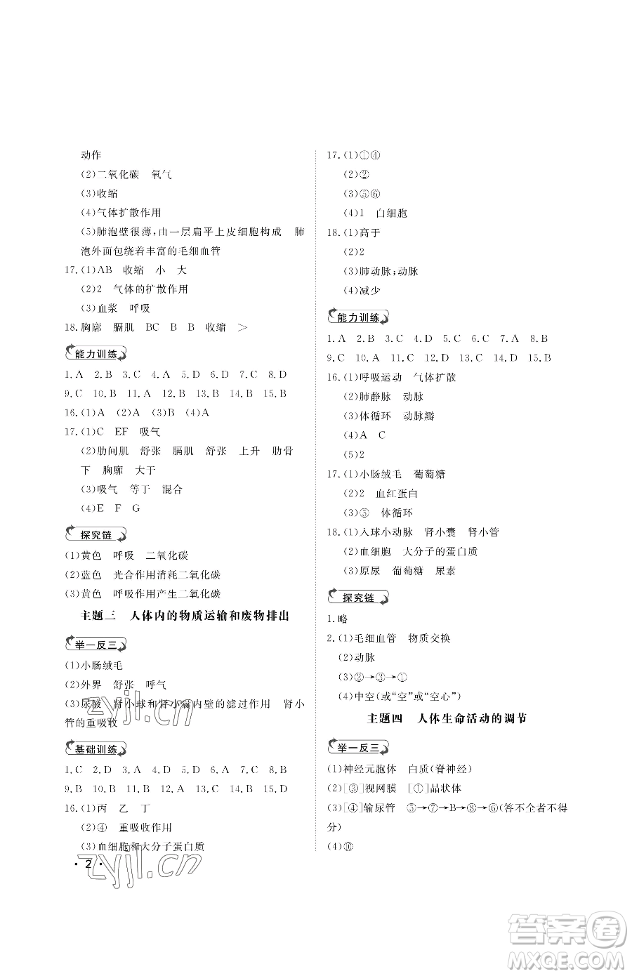 山東人民出版社2023初中卷行知天下七年級下冊生物濟南版參考答案