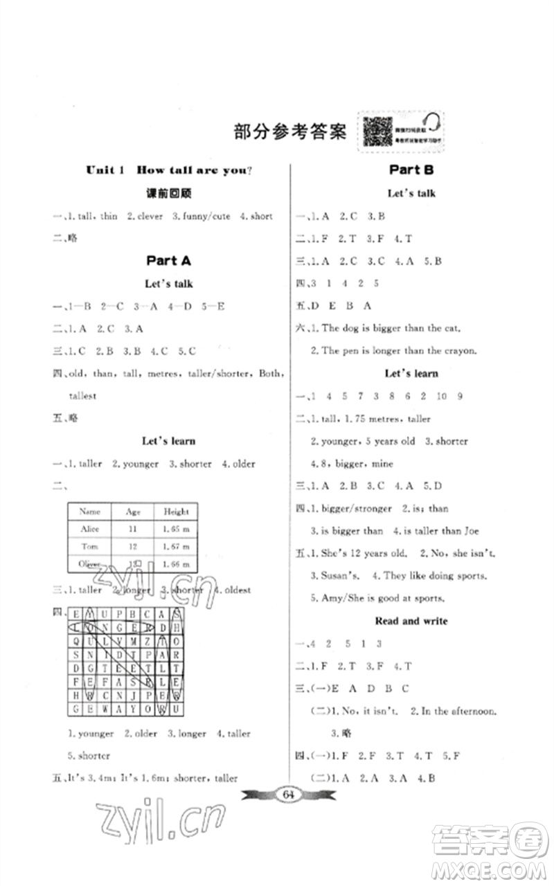 廣東教育出版社2023同步導學與優(yōu)化訓練六年級英語下冊人教PEP版參考答案