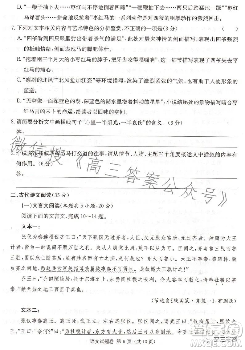 2023屆湖南新高考教學教研聯盟高三第二次聯考語文試卷答案