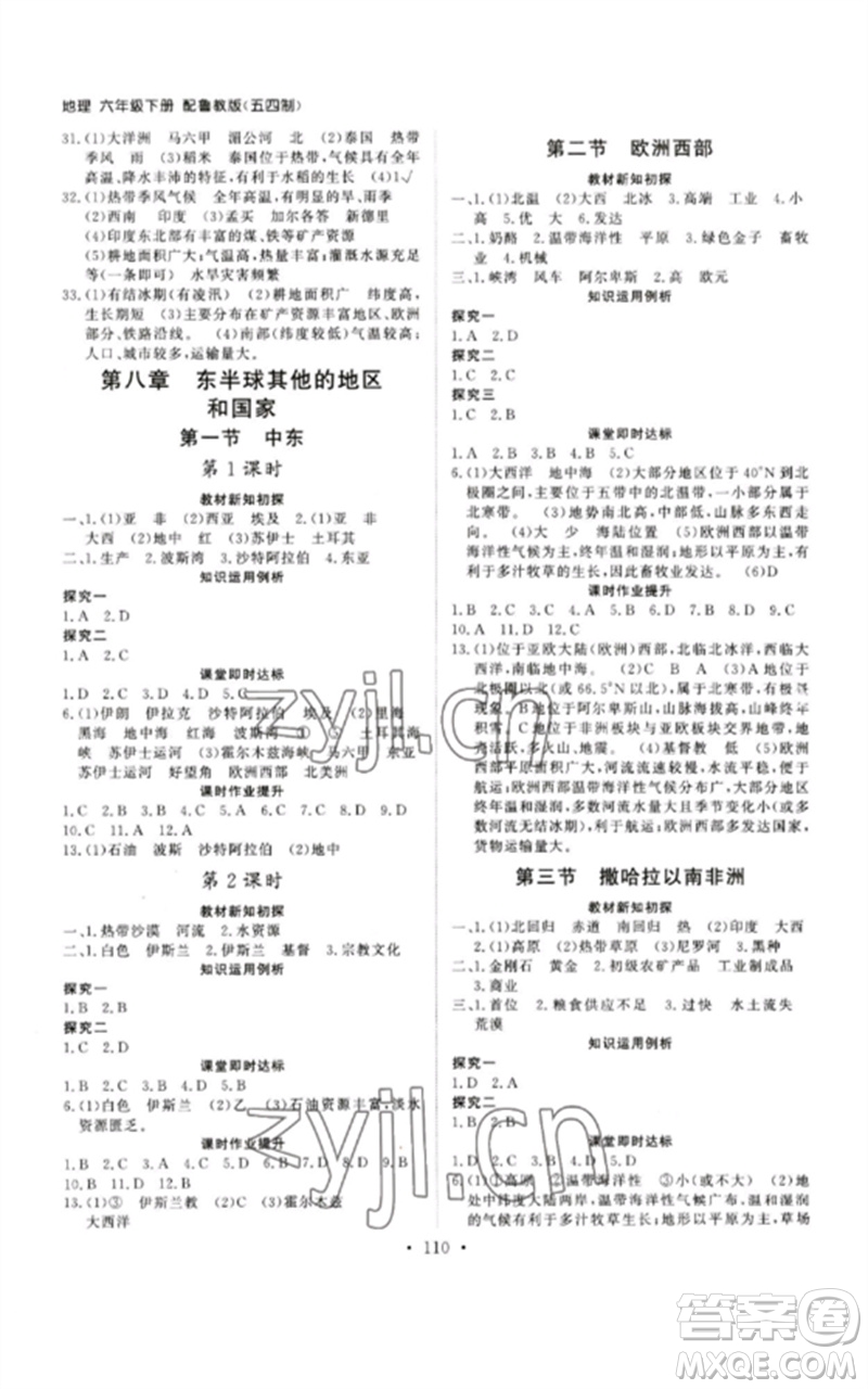 山東人民出版社2023初中同步練習冊六年級地理下冊魯教版五四制版參考答案