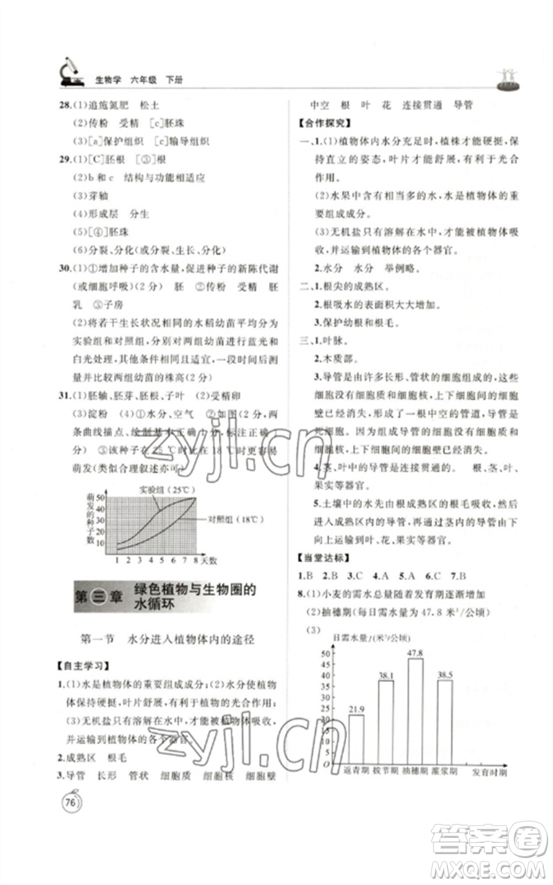 山東友誼出版社2023初中同步練習(xí)冊六年級生物下冊魯科版五四制參考答案