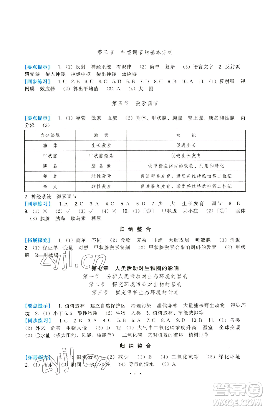 福建人民出版社2023頂尖課課練七年級下冊生物人教版參考答案