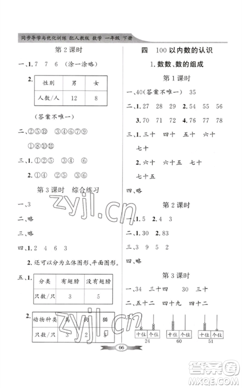 新世紀(jì)出版社2023同步導(dǎo)學(xué)與優(yōu)化訓(xùn)練一年級數(shù)學(xué)下冊人教版參考答案