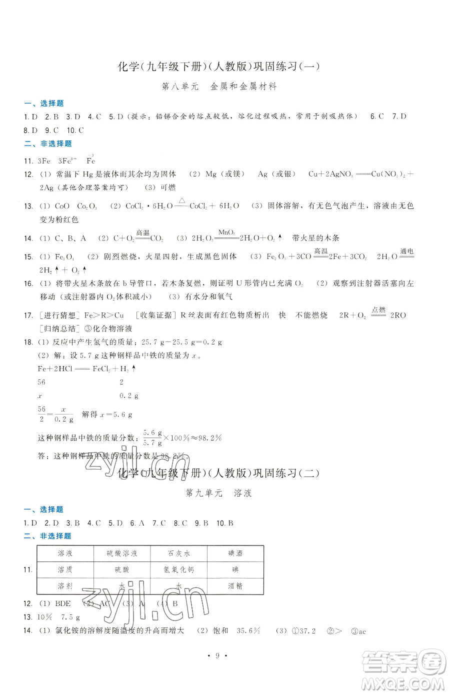 福建人民出版社2023頂尖課課練九年級(jí)下冊(cè)化學(xué)人教版參考答案