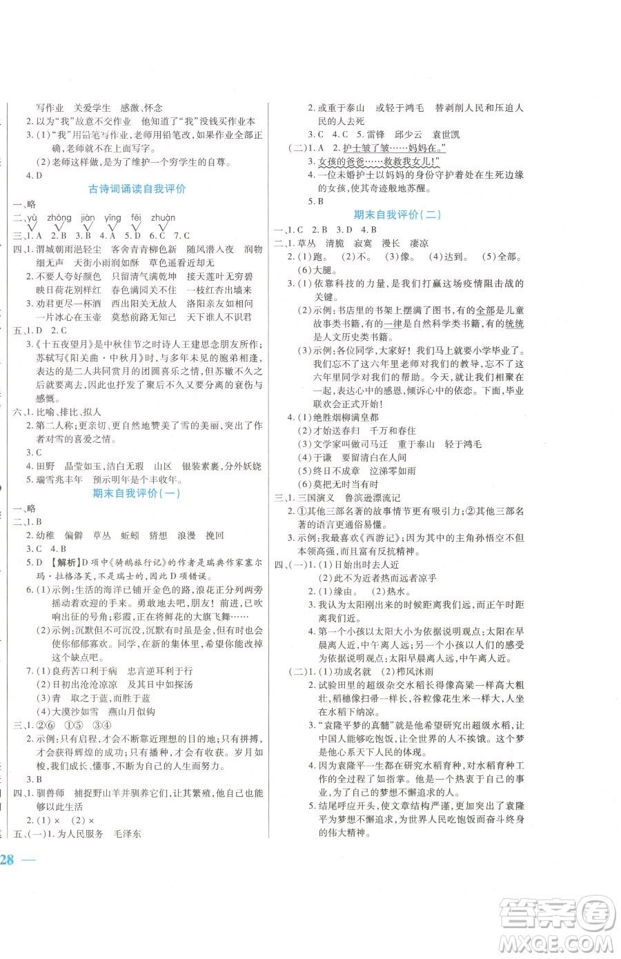 陽光出版社2023激活思維智能訓(xùn)練六年級下冊語文人教版參考答案