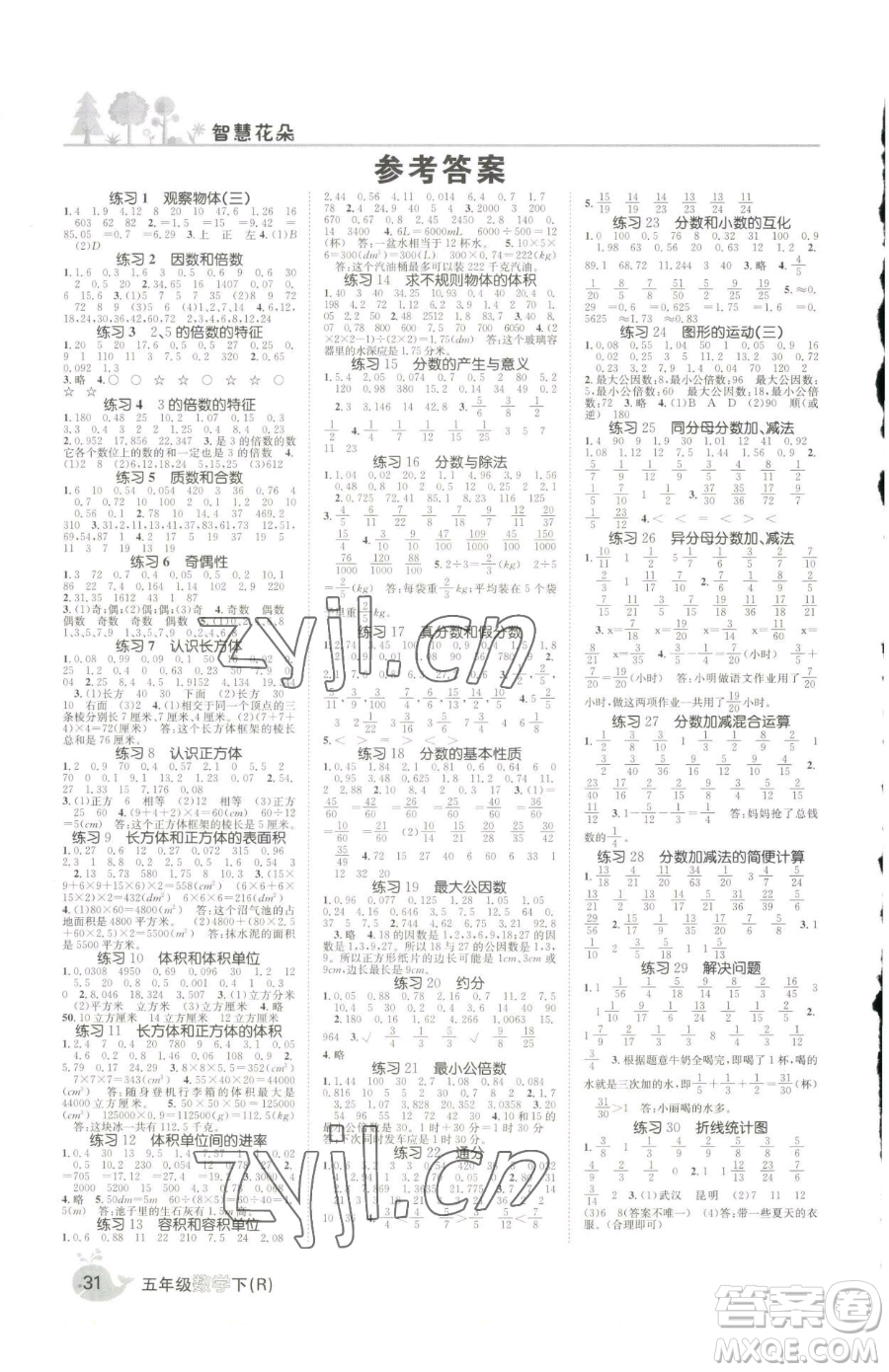 天津科學(xué)技術(shù)出版社2023智慧花朵五年級(jí)下冊(cè)數(shù)學(xué)人教版參考答案