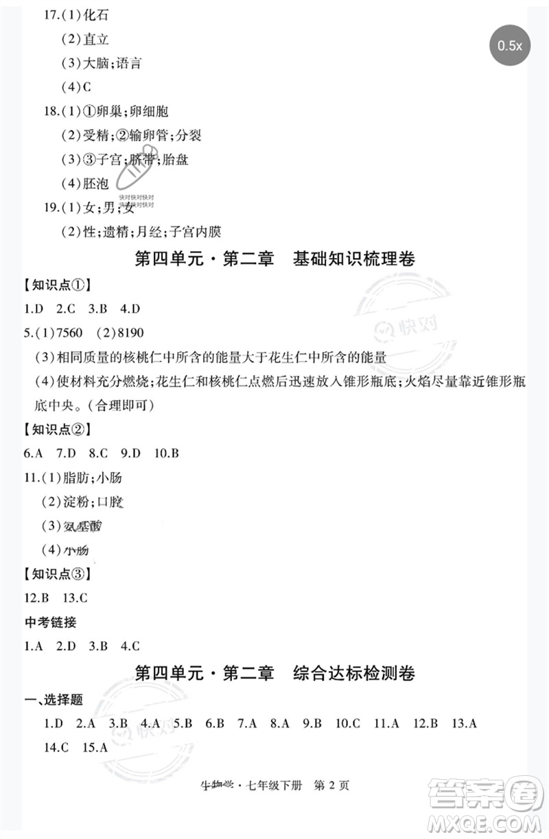 明天出版社2023初中同步練習(xí)冊自主測試卷七年級生物下冊人教版參考答案