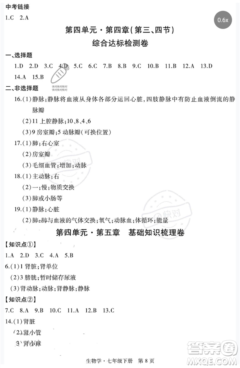 明天出版社2023初中同步練習(xí)冊自主測試卷七年級生物下冊人教版參考答案