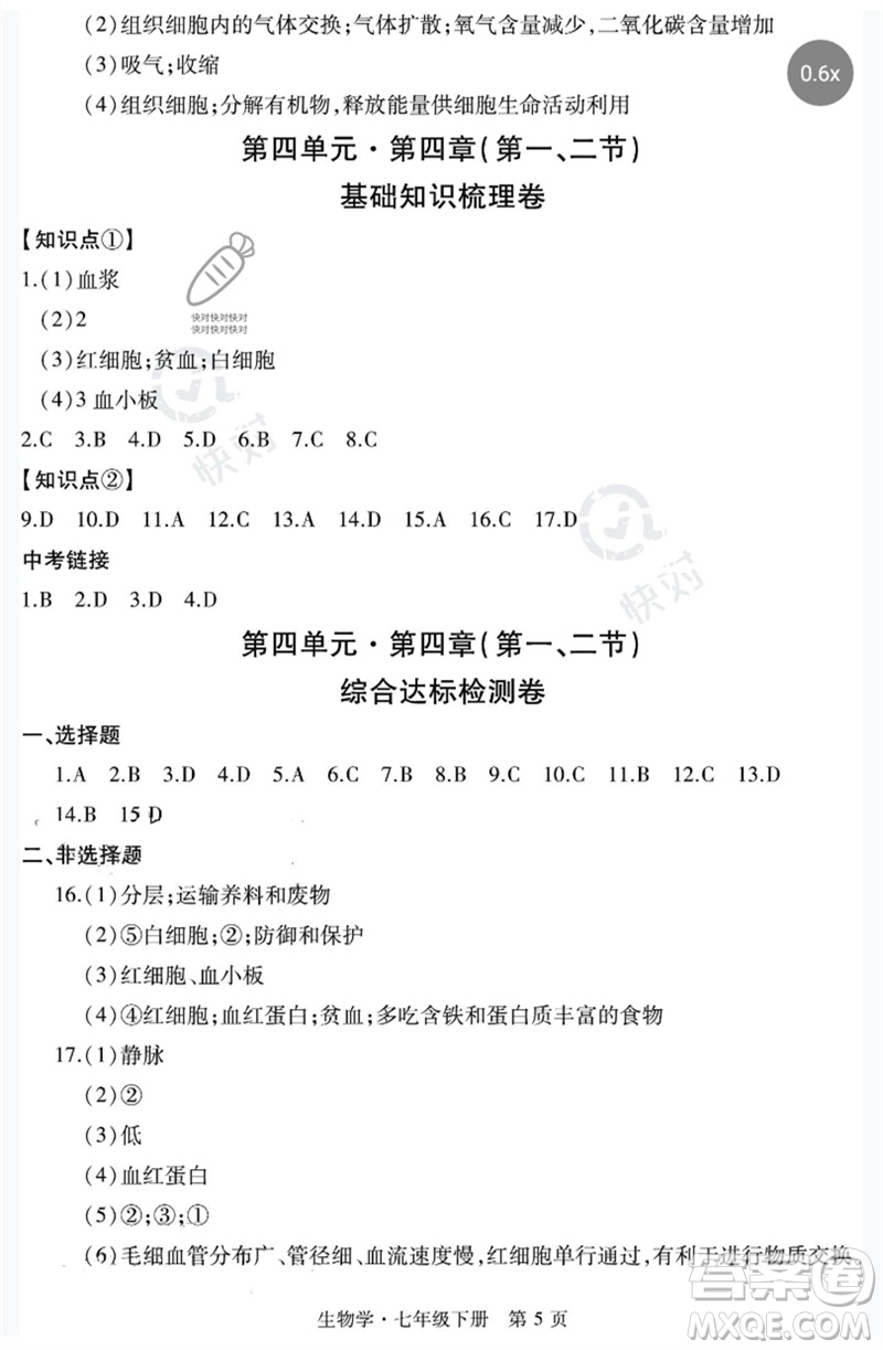 明天出版社2023初中同步練習(xí)冊自主測試卷七年級生物下冊人教版參考答案