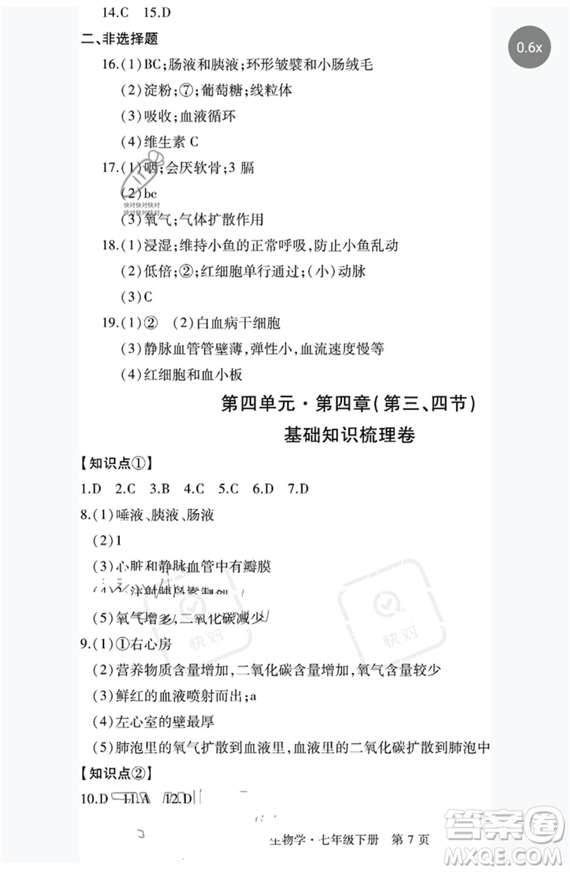 明天出版社2023初中同步練習(xí)冊自主測試卷七年級生物下冊人教版參考答案