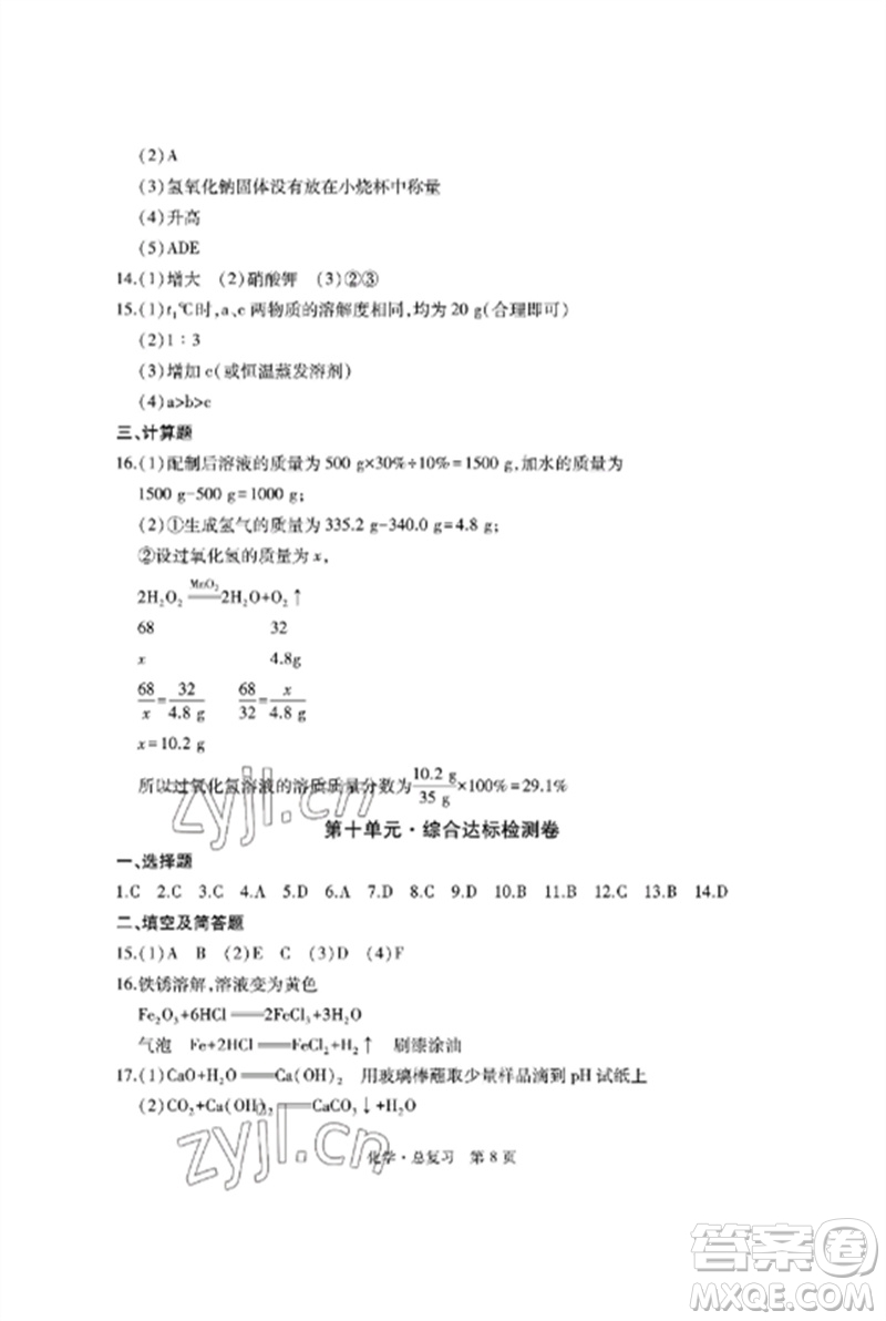 明天出版社2023初中同步練習(xí)冊(cè)自主測(cè)試卷九年級(jí)化學(xué)總復(fù)習(xí)人教版參考答案