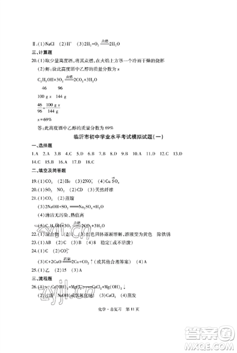 明天出版社2023初中同步練習(xí)冊(cè)自主測(cè)試卷九年級(jí)化學(xué)總復(fù)習(xí)人教版參考答案