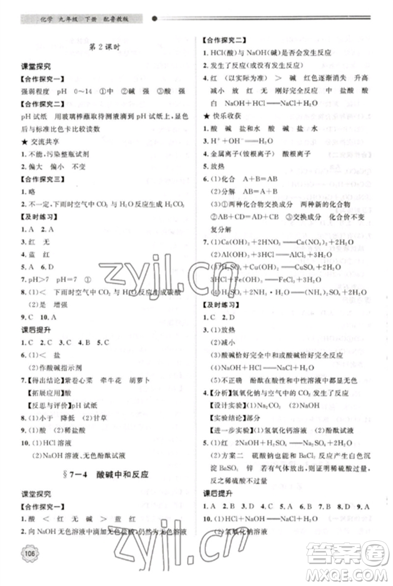 明天出版社2023初中同步練習(xí)冊九年級化學(xué)下冊魯教版參考答案