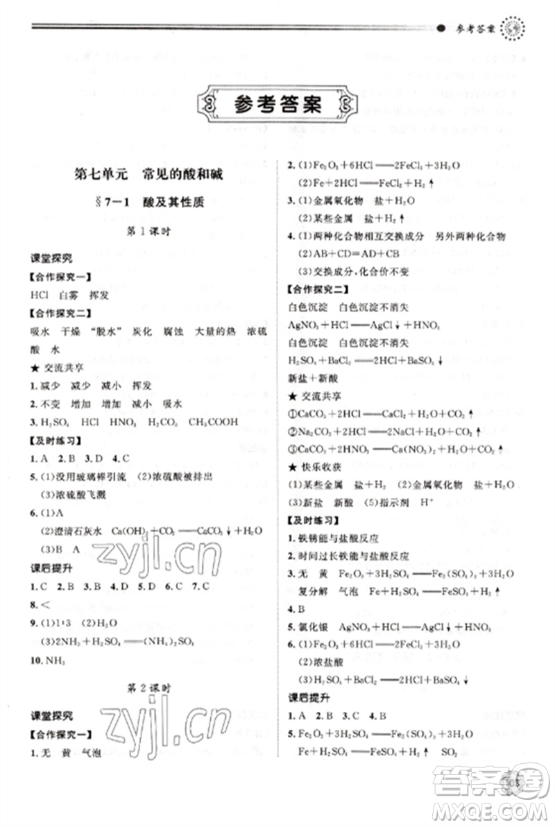 明天出版社2023初中同步練習(xí)冊九年級化學(xué)下冊魯教版參考答案