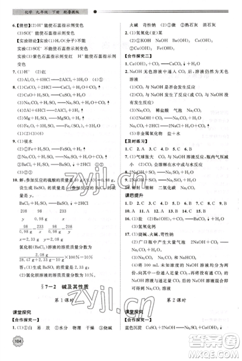 明天出版社2023初中同步練習(xí)冊九年級化學(xué)下冊魯教版參考答案