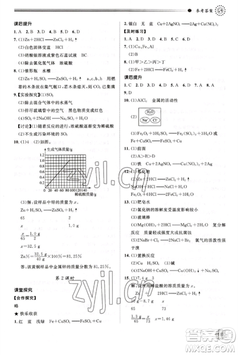 明天出版社2023初中同步練習(xí)冊九年級化學(xué)下冊魯教版參考答案