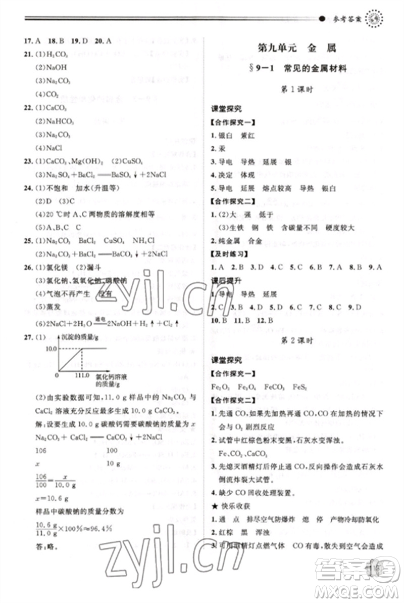 明天出版社2023初中同步練習(xí)冊九年級化學(xué)下冊魯教版參考答案