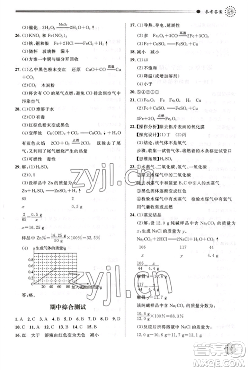 明天出版社2023初中同步練習(xí)冊九年級化學(xué)下冊魯教版參考答案