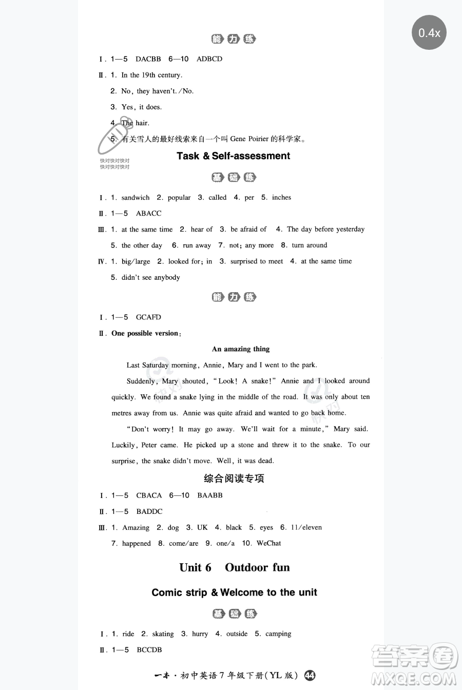 湖南教育出版社2023一本同步訓(xùn)練七年級(jí)下冊(cè)英語(yǔ)譯林版參考答案