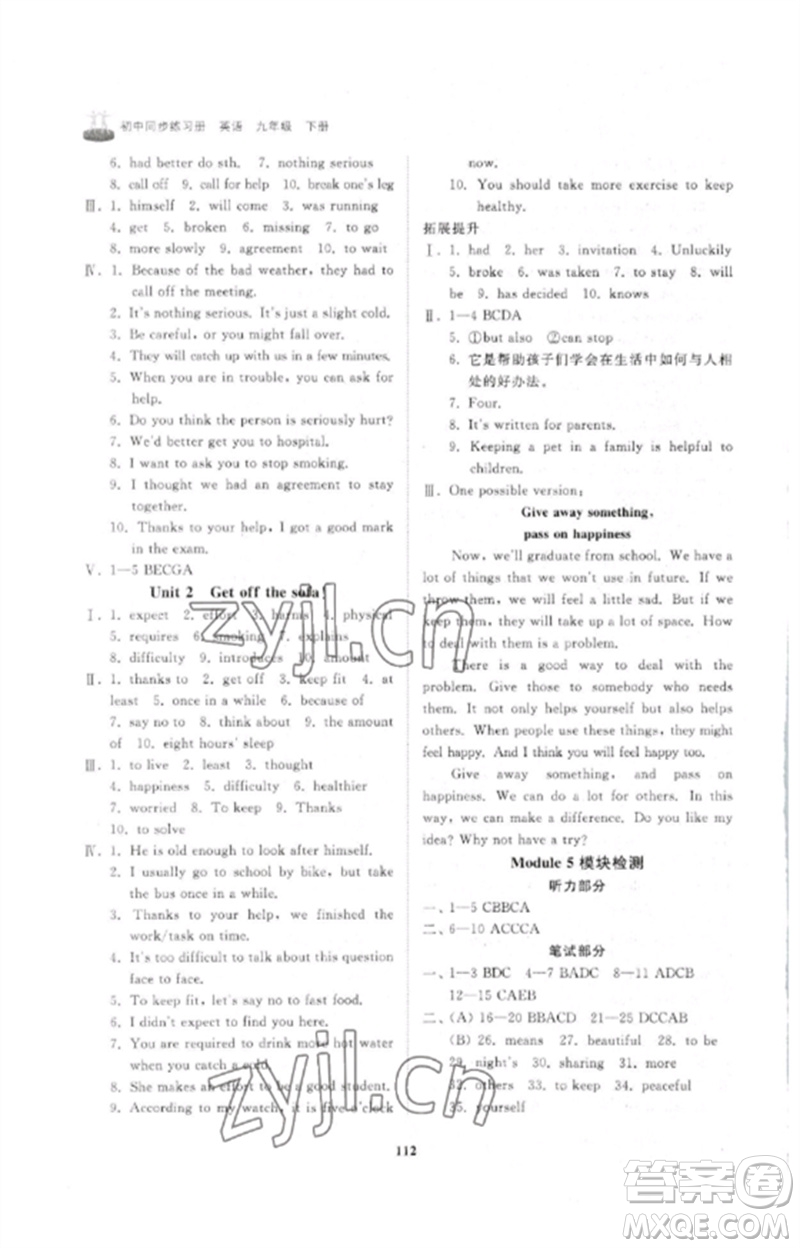 山東友誼出版社2023初中同步練習(xí)冊(cè)九年級(jí)英語(yǔ)下冊(cè)外研版參考答案