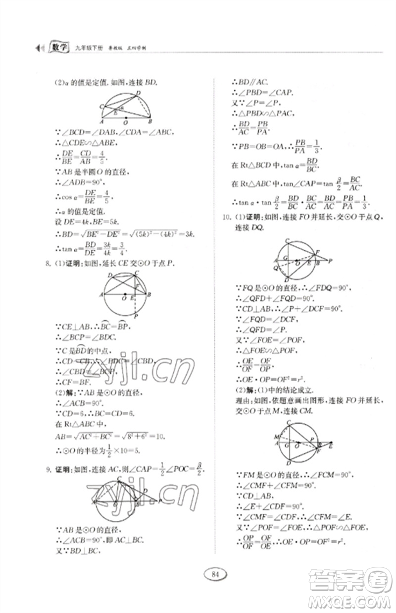 山東科學技術出版社2023初中同步練習冊九年級數(shù)學下冊魯教版五四制參考答案