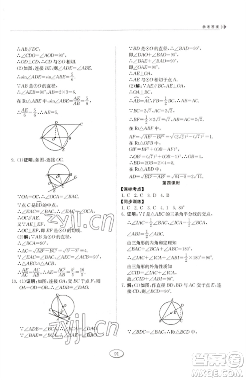 山東科學技術出版社2023初中同步練習冊九年級數(shù)學下冊魯教版五四制參考答案