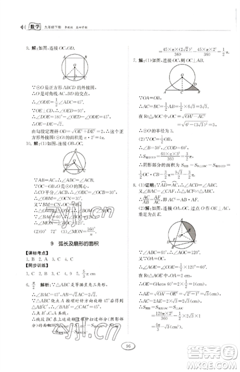 山東科學技術出版社2023初中同步練習冊九年級數(shù)學下冊魯教版五四制參考答案