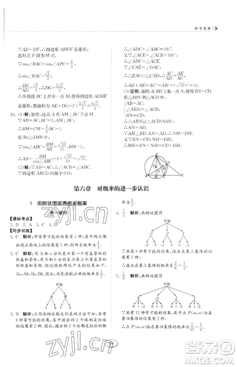 山東科學技術出版社2023初中同步練習冊九年級數(shù)學下冊魯教版五四制參考答案