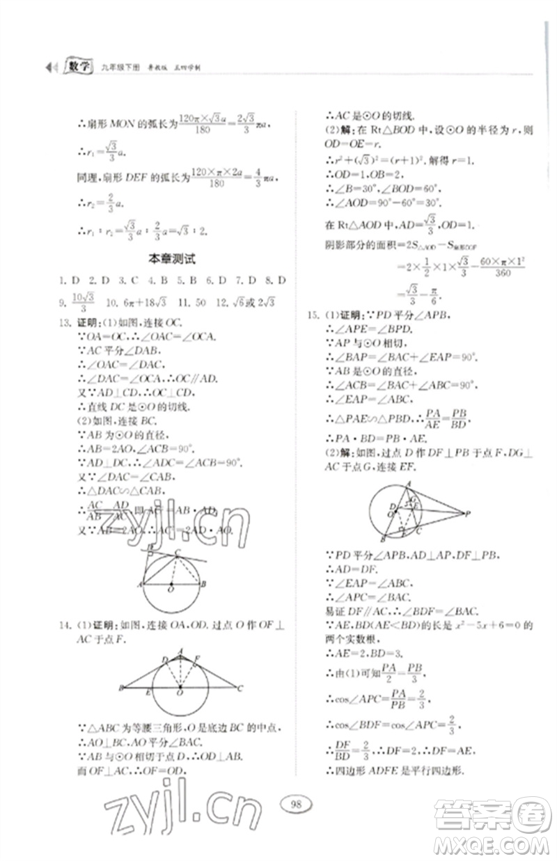 山東科學技術出版社2023初中同步練習冊九年級數(shù)學下冊魯教版五四制參考答案