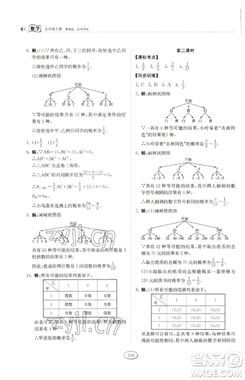 山東科學技術出版社2023初中同步練習冊九年級數(shù)學下冊魯教版五四制參考答案