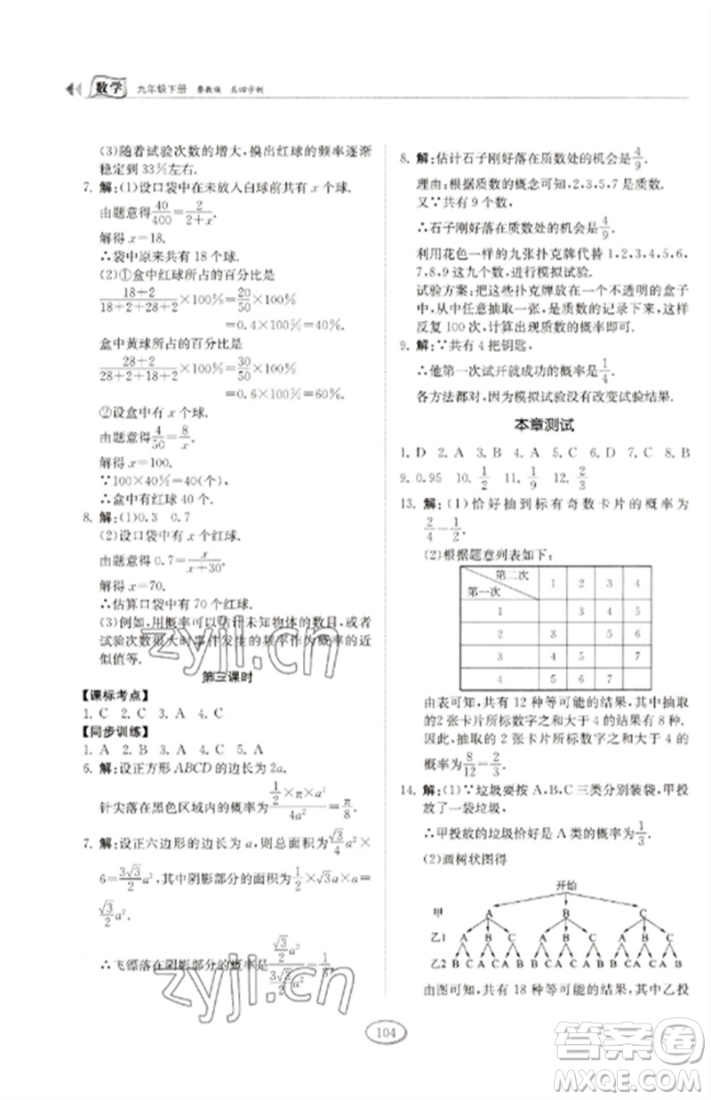 山東科學技術出版社2023初中同步練習冊九年級數(shù)學下冊魯教版五四制參考答案