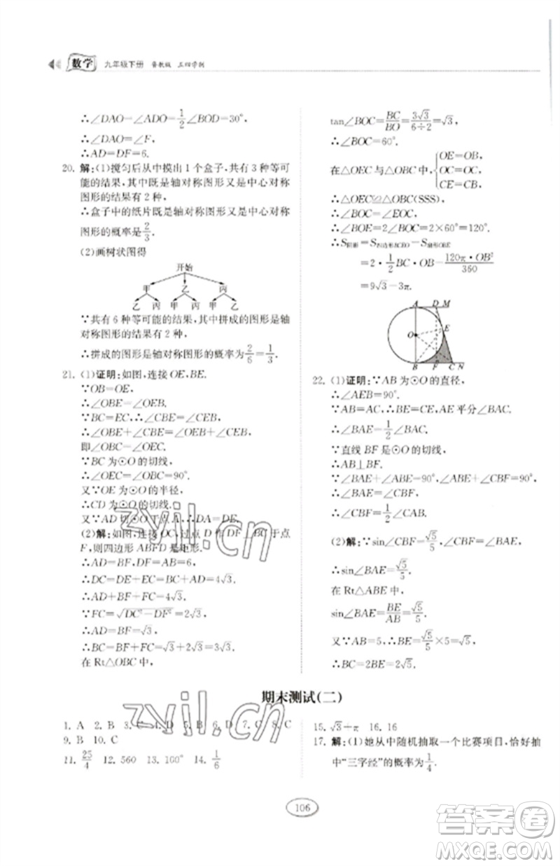 山東科學技術出版社2023初中同步練習冊九年級數(shù)學下冊魯教版五四制參考答案