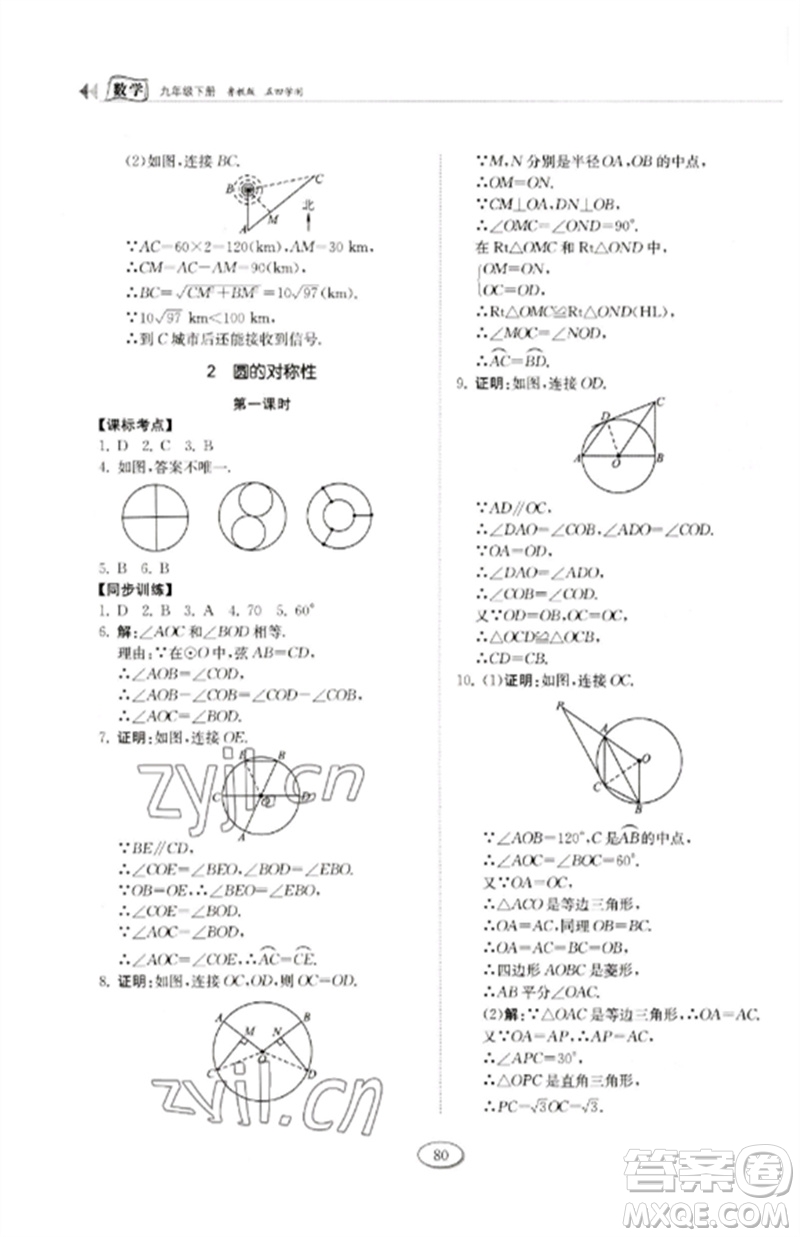 山東科學技術出版社2023初中同步練習冊九年級數(shù)學下冊魯教版五四制參考答案