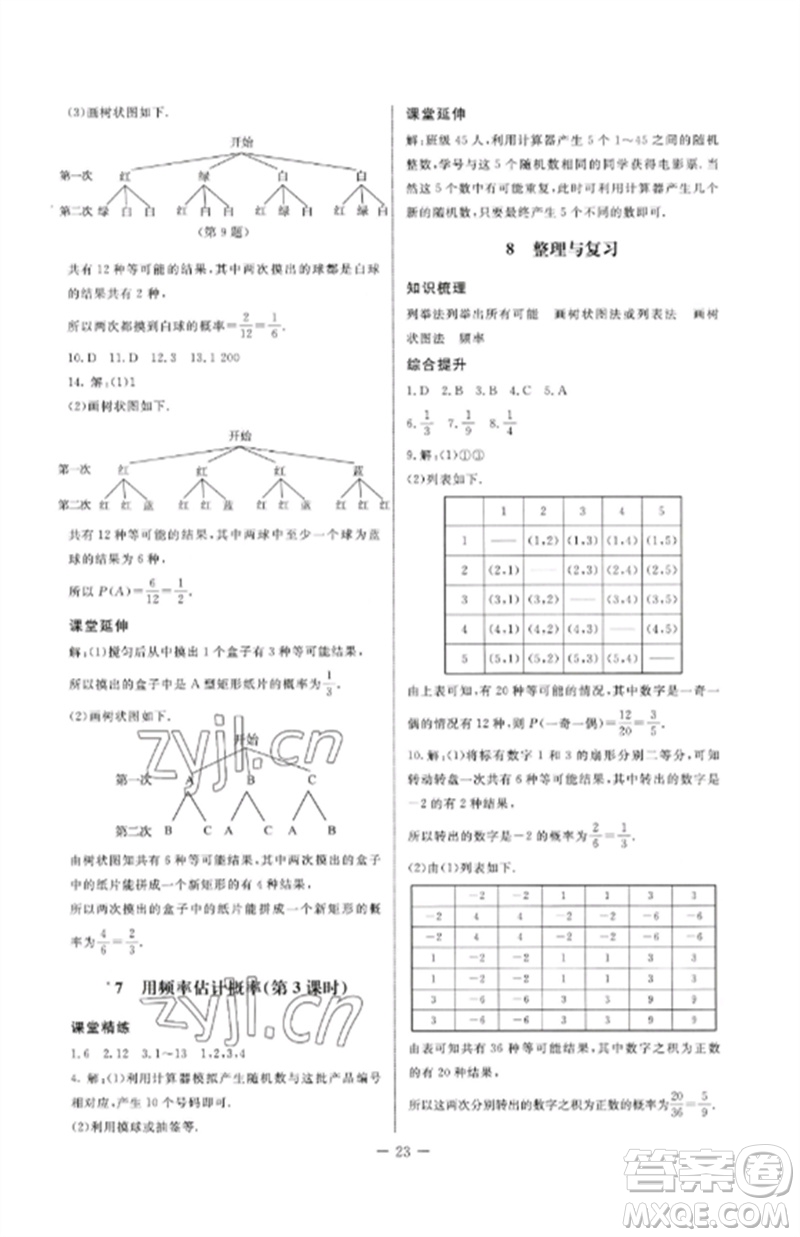 北京師范大學(xué)出版社2023初中同步練習(xí)冊九年級數(shù)學(xué)下冊魯教版五四制參考答案