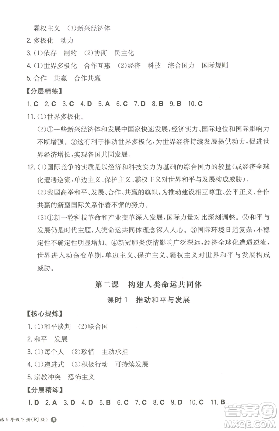 湖南教育出版社2023一本同步訓(xùn)練九年級下冊道德與法治人教版參考答案