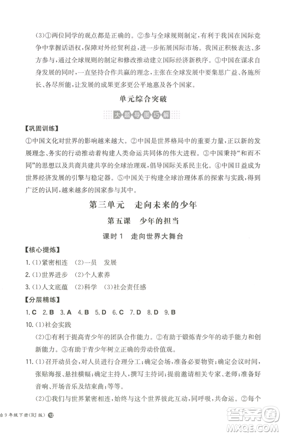 湖南教育出版社2023一本同步訓(xùn)練九年級下冊道德與法治人教版參考答案