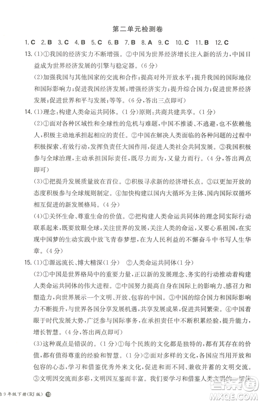 湖南教育出版社2023一本同步訓(xùn)練九年級下冊道德與法治人教版參考答案