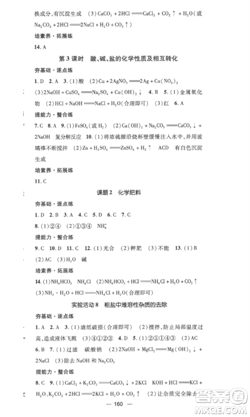 江西教育出版社2023精英新課堂三點(diǎn)分層作業(yè)九年級(jí)化學(xué)下冊(cè)人教版參考答案