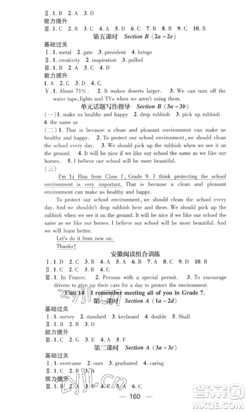 陽(yáng)光教育出版社2023精英新課堂九年級(jí)英語(yǔ)下冊(cè)人教版安徽專版參考答案